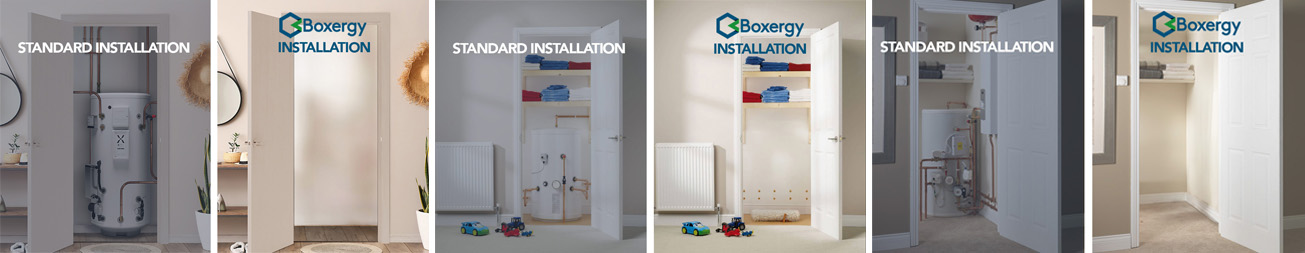 Three side by side comparisons of a standard heat pump installation filling a cupboard with a cylinder and pipework, next to a Boxergy Hero2 installation leaving the same cupboard empty and usable